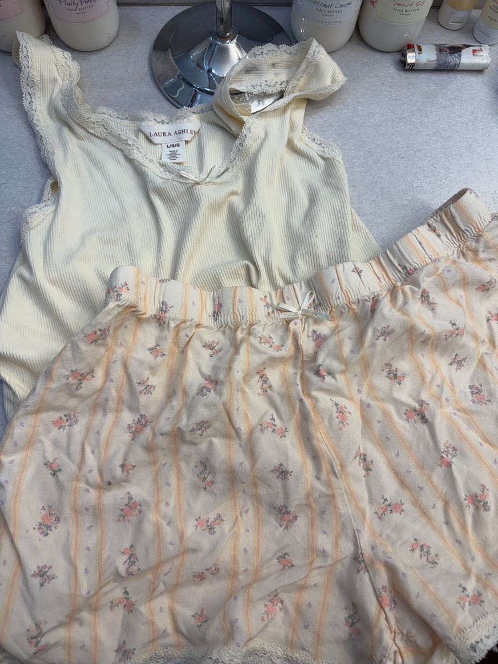 Laura Ashley Cream Ribbed Lace-Trim Cami with Pastel Floral Stripe Shorts